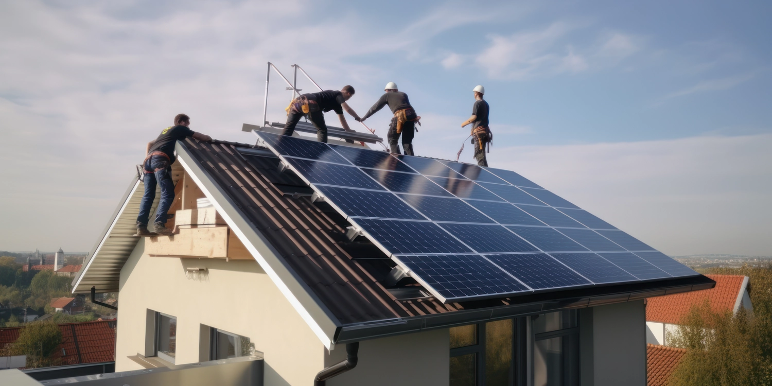 Arbeiter installieren Photovoltaik-Solarmodule, generative KI